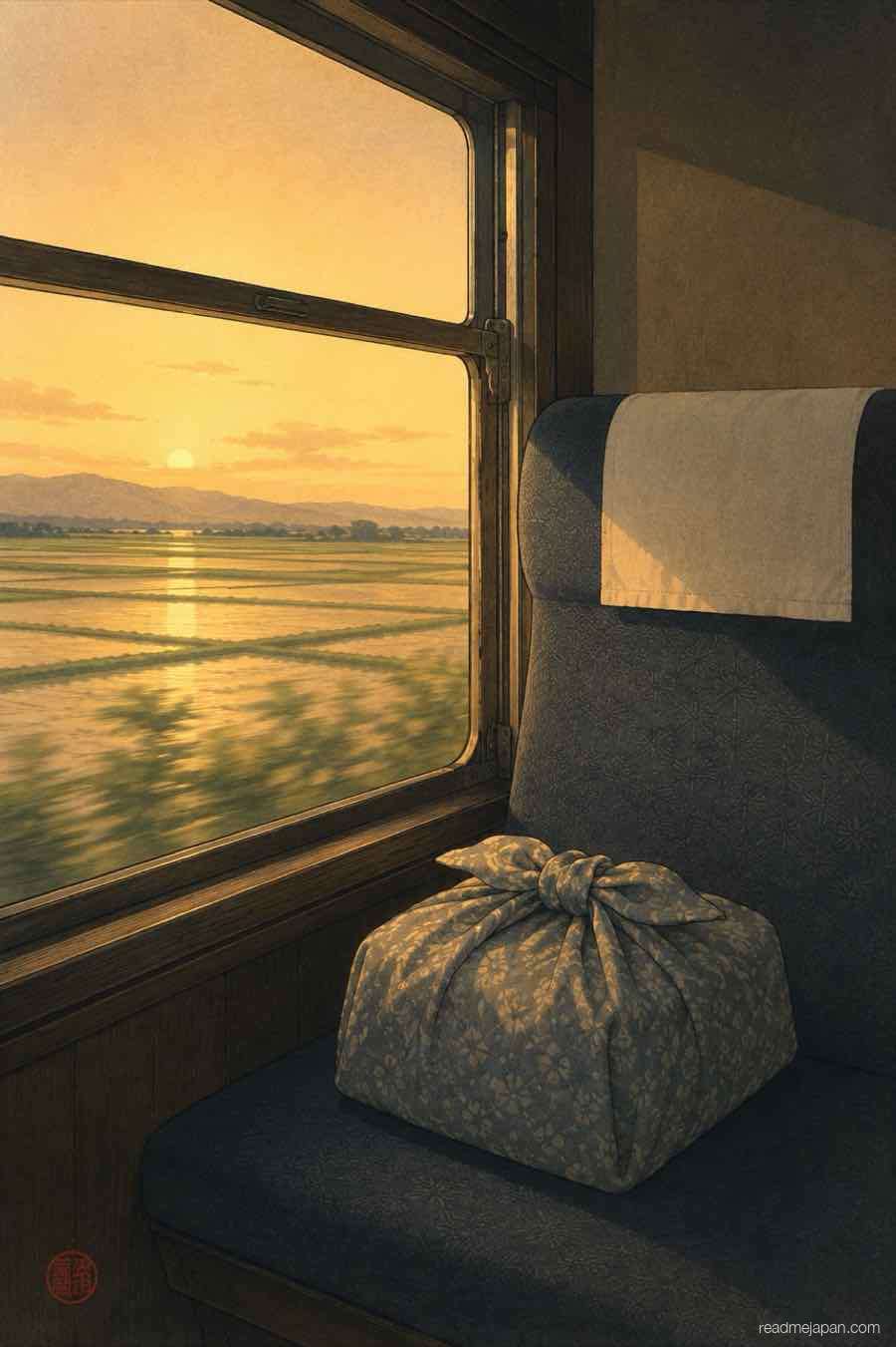 A wrapped bundle on a train seat with rice fields passing, woodblock print