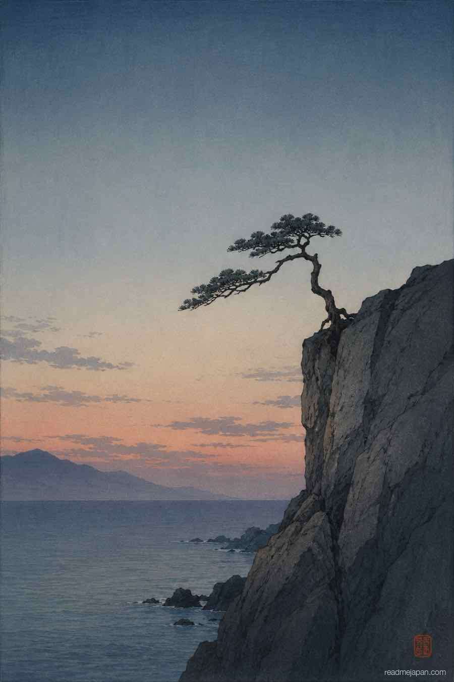 A wind-shaped pine growing from a coastal cliff at dusk, woodblock print
