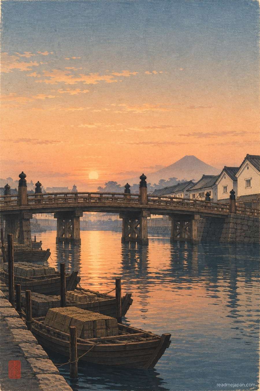 An arched wooden bridge over a river with moored boats and Mount Fuji at sunrise, woodblock print
