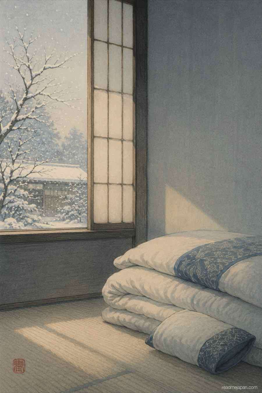A folded futon beside a window with snow outside, woodblock print