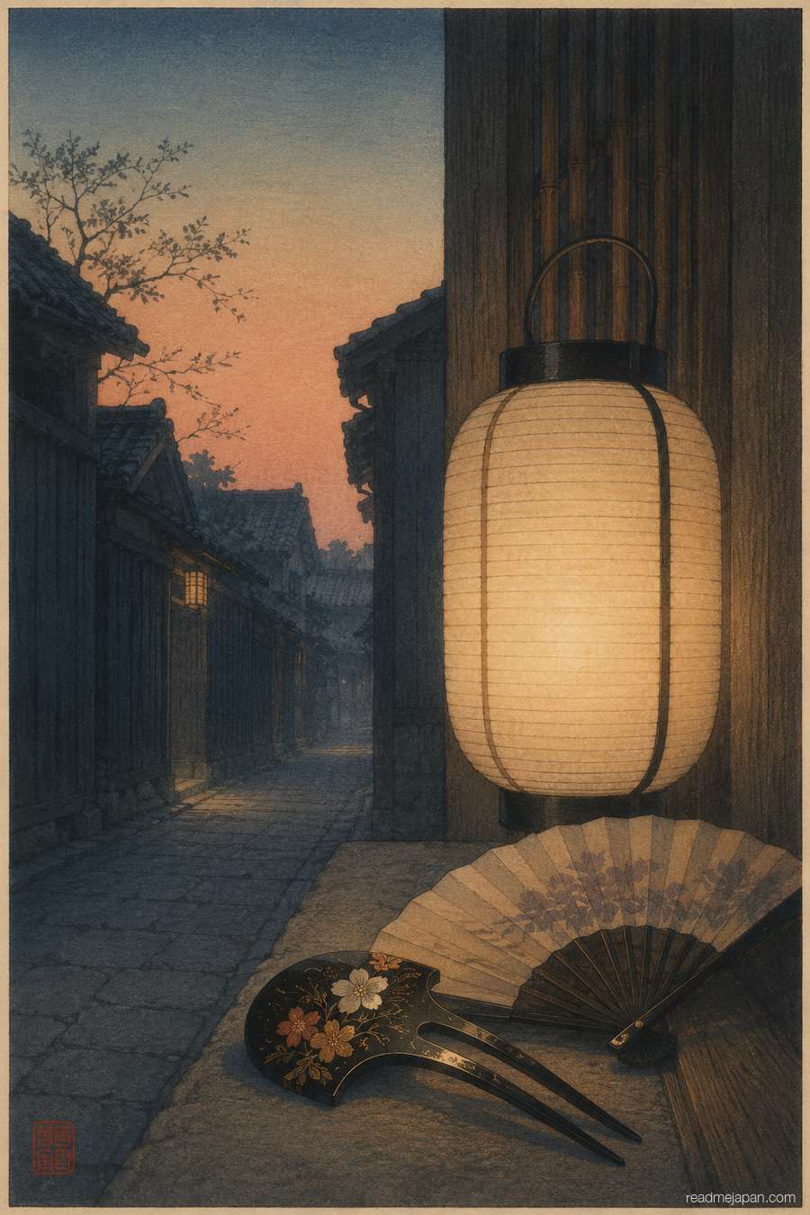 A hair ornament and fan beside a lantern in a dusk alley, woodblock print