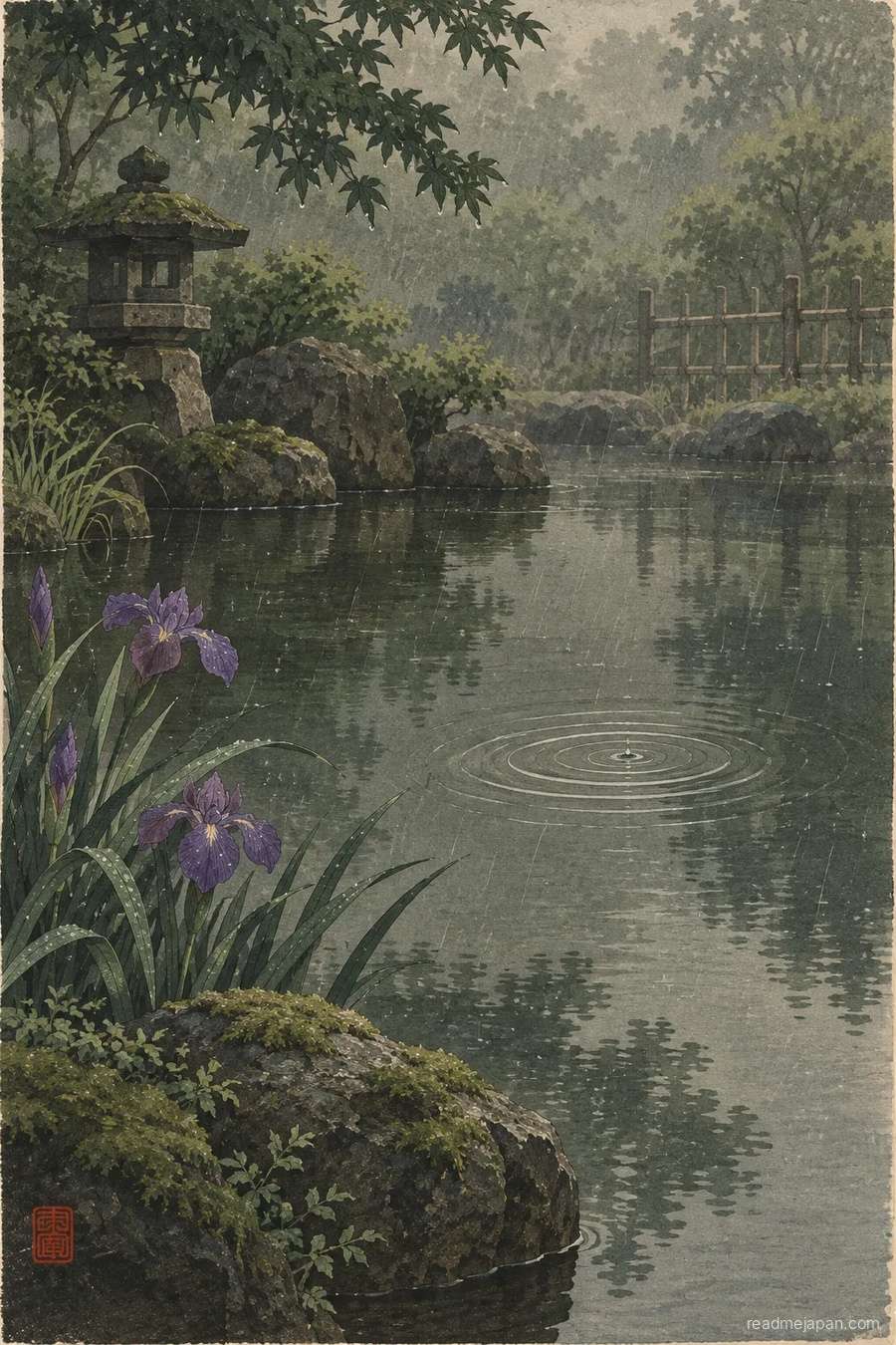 A single ripple spreading on an old pond in summer rain, woodblock print
