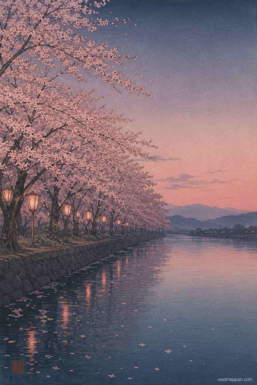 Cherry trees along a riverbank at dusk, woodblock print