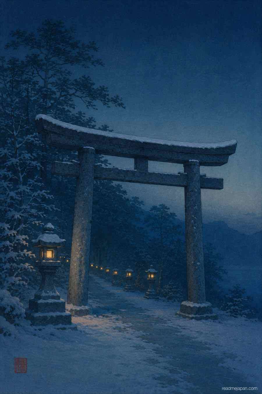 A snow-dusted torii gate lit by lanterns at blue hour, woodblock print