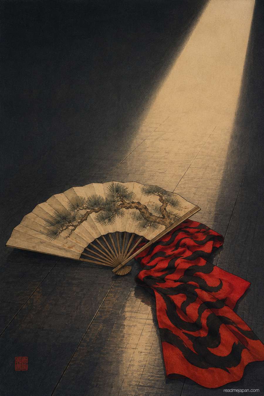 A painted fan and kumadori-patterned cloth on a stage floor, woodblock print