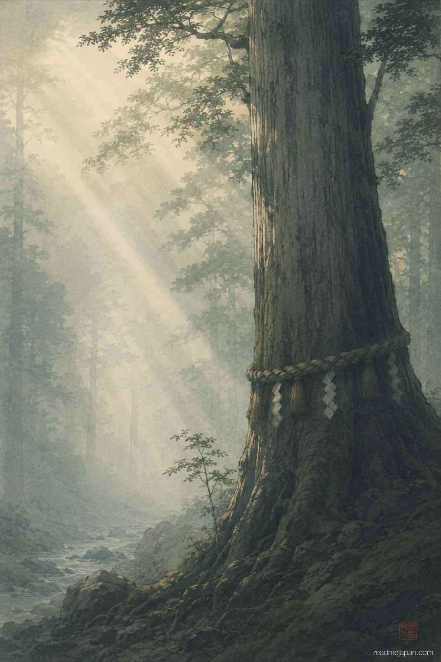 An ancient tree wrapped in sacred rope in a misty forest, woodblock print