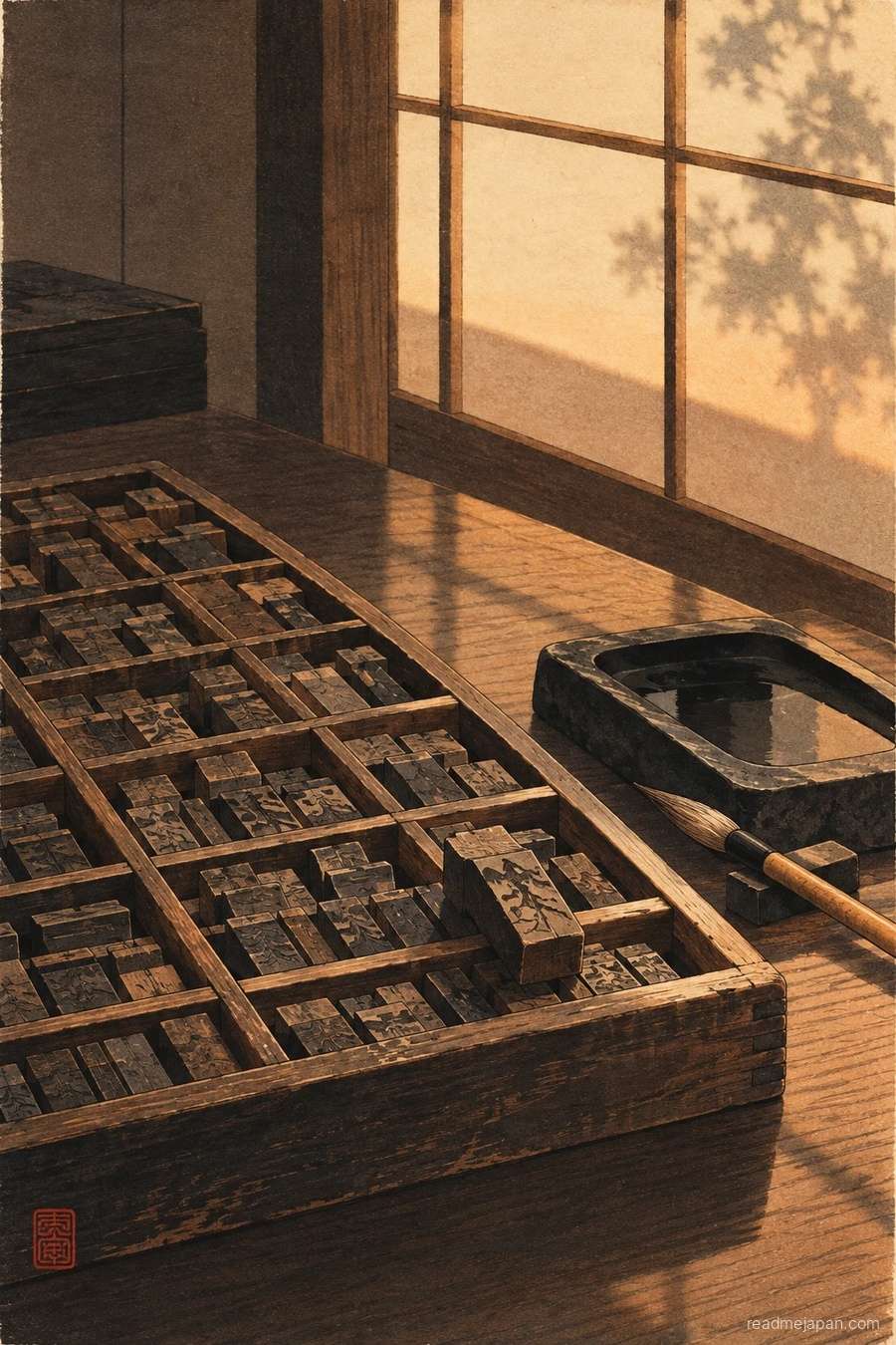 A printer's tray of carved wooden type beside a brush and inkstone, woodblock print