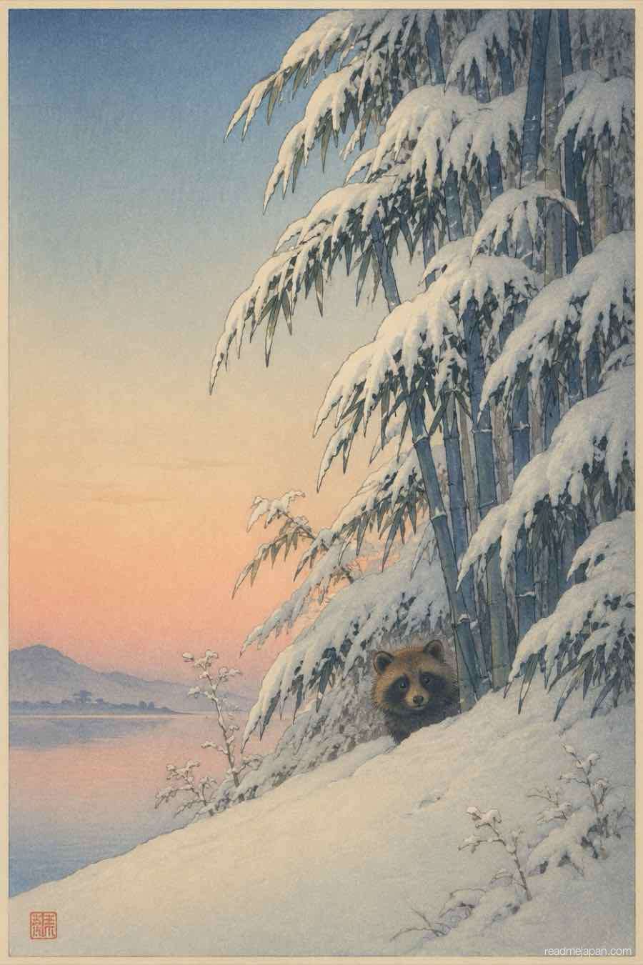 A tanuki peeking from a snow-laden bamboo grove at dawn, woodblock print