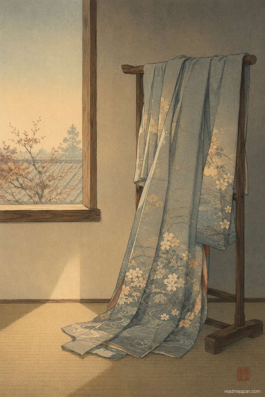 A folded kimono draped over a stand by a window, woodblock print