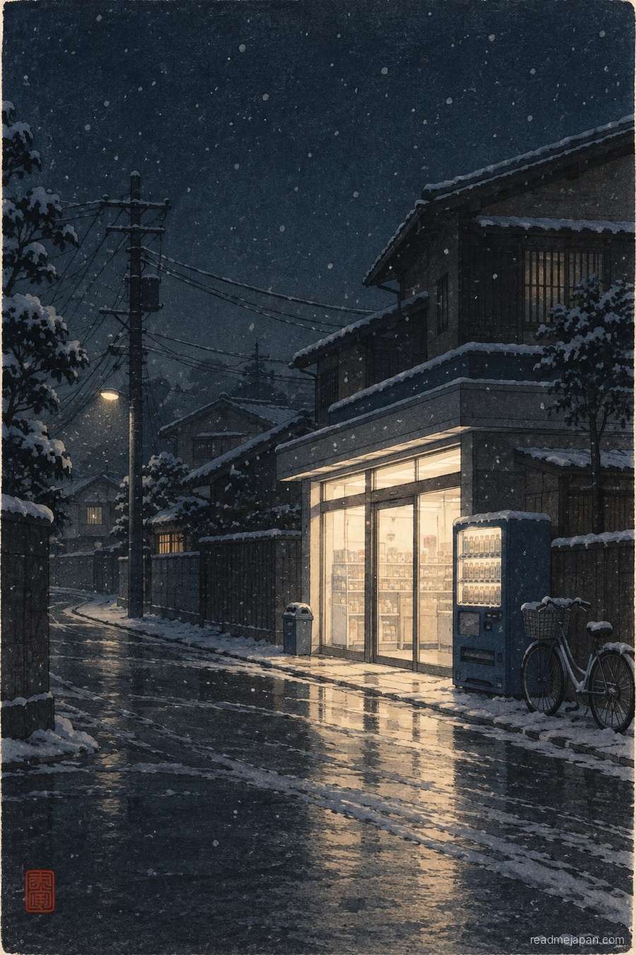 A small convenience store glowing on a snowy street corner at night, woodblock print