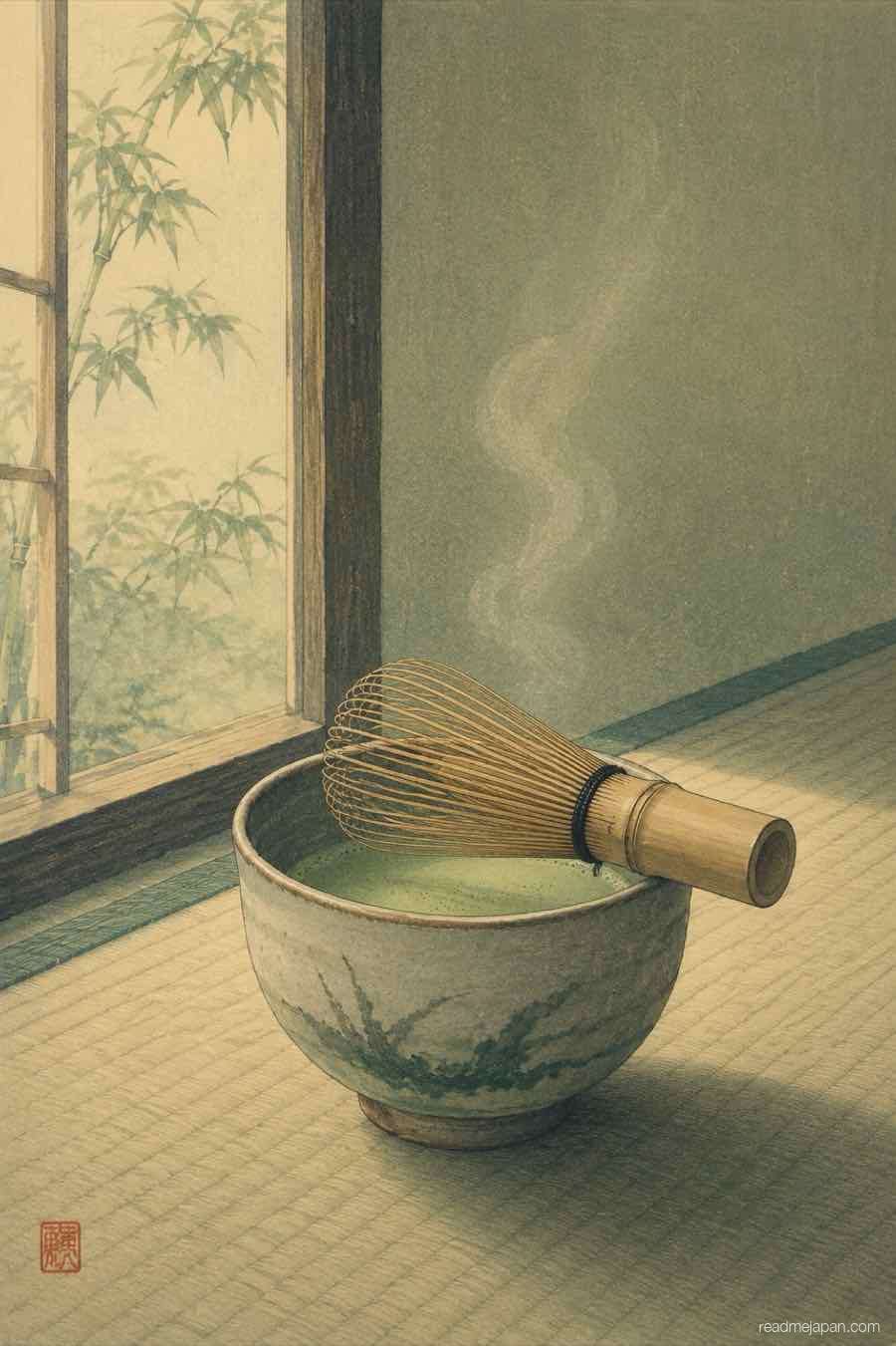A bamboo whisk resting on a bowl of matcha, woodblock print