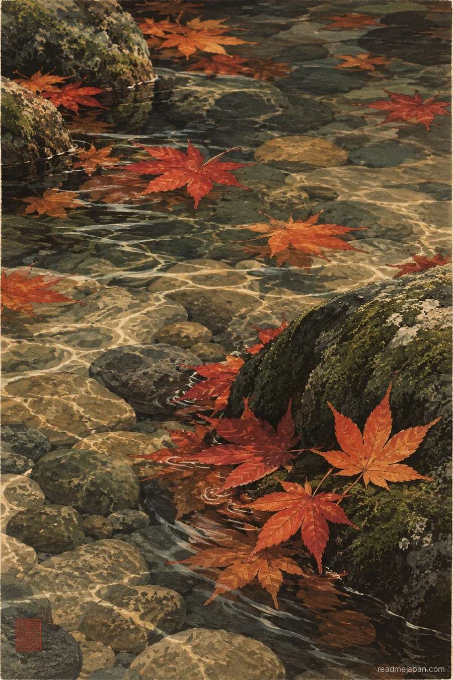 Red maple leaves floating on a clear mountain stream, woodblock print