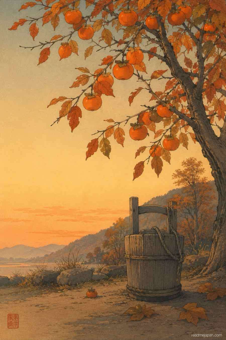 An old well bucket under a persimmon tree in autumn light, woodblock print