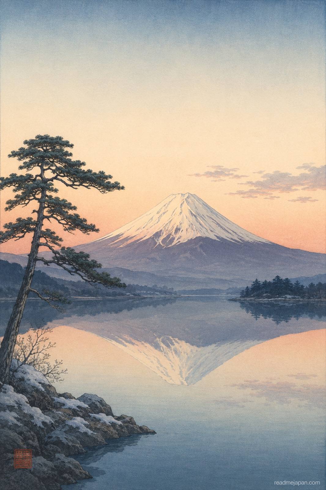 Le mont Fuji reflété dans un lac calme à l’aube, estampe japonaise