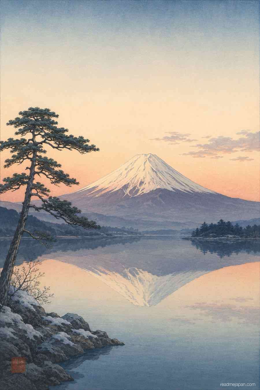 Mount Fuji reflected in a still lake at dawn, woodblock print