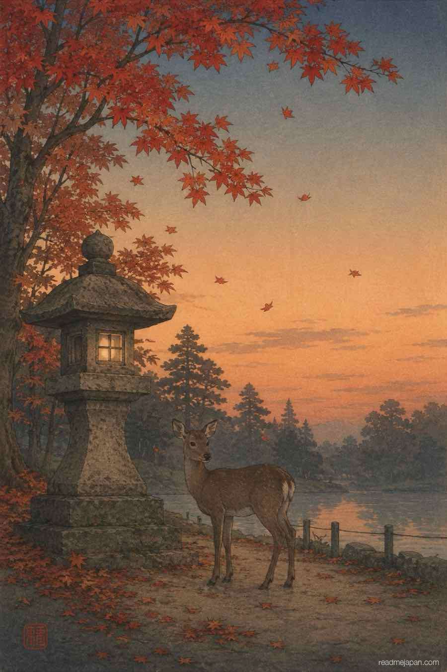 A deer beside a stone lantern at dusk, woodblock print