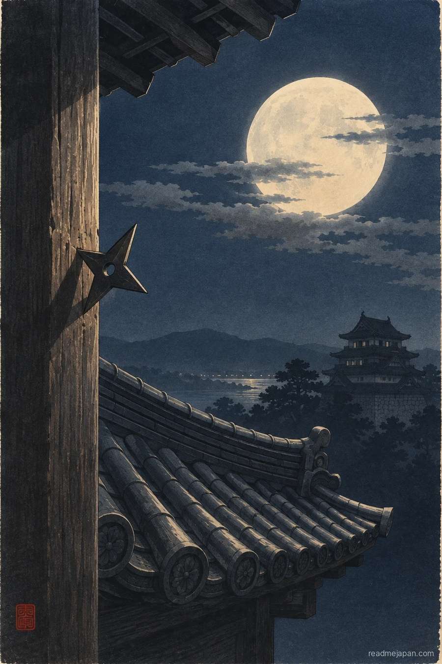 A tiled roof under a full moon, a throwing star in a wooden post and a castle in the distance, woodblock print