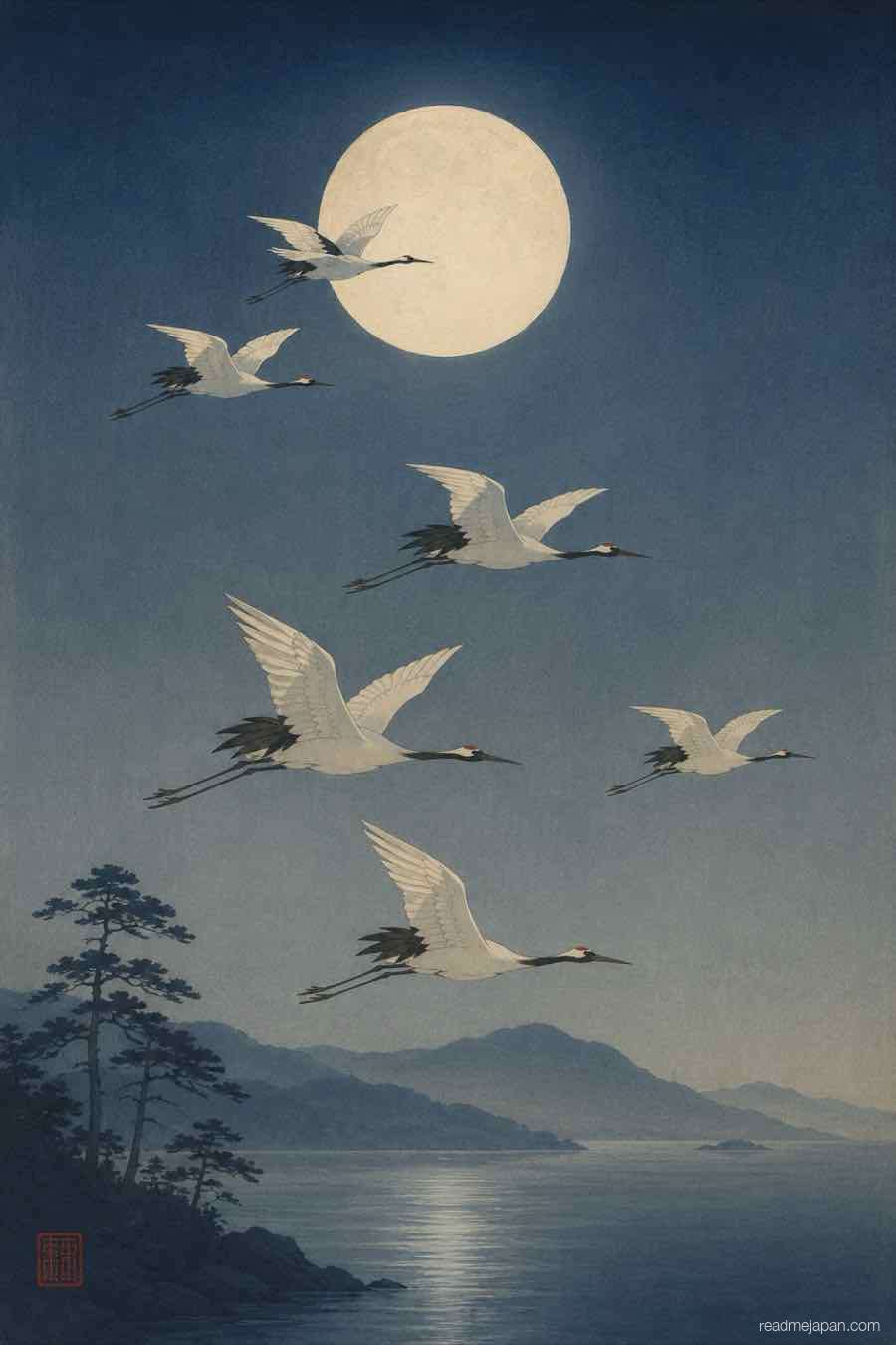 White cranes in flight across a full moon, woodblock print
