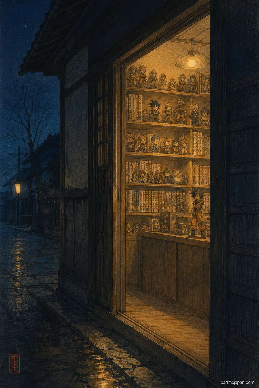 A glowing shop shelf of figures seen from a dark doorway at night, woodblock print