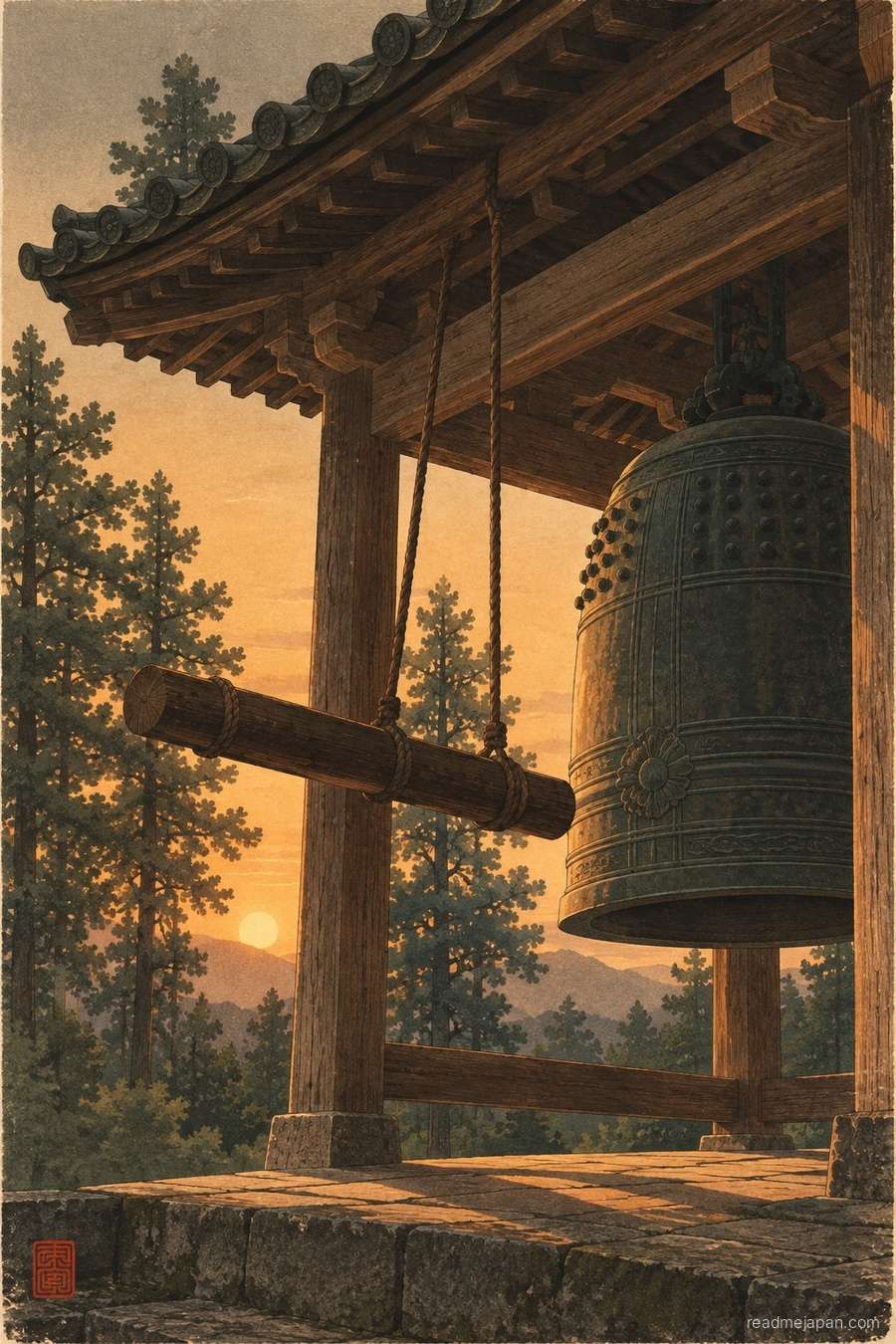 A bronze temple bell in its wooden bell house among cedars at sunset, woodblock print