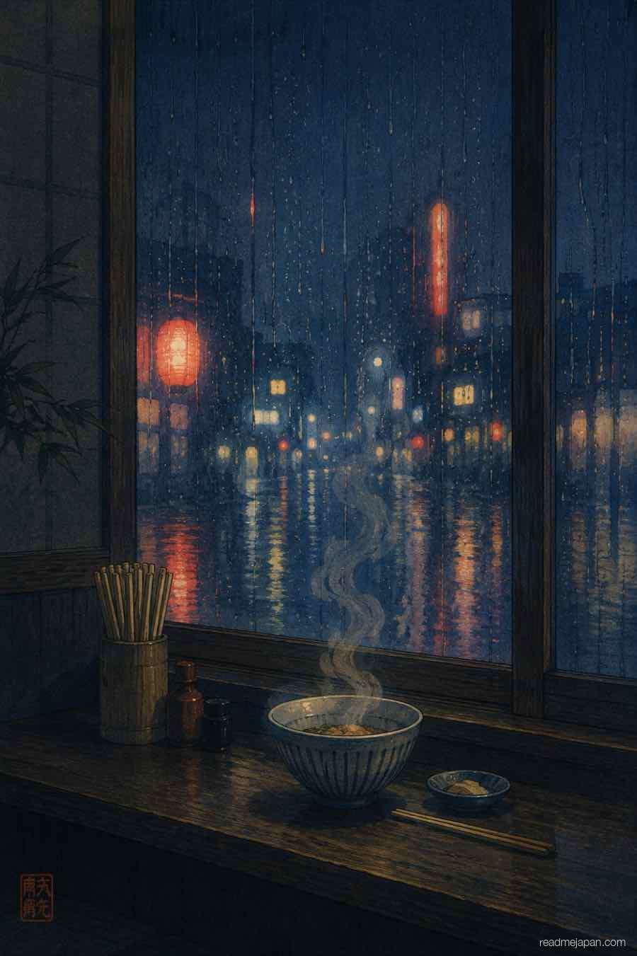 Steam rising from a bowl beside a rain-streaked night window, woodblock print