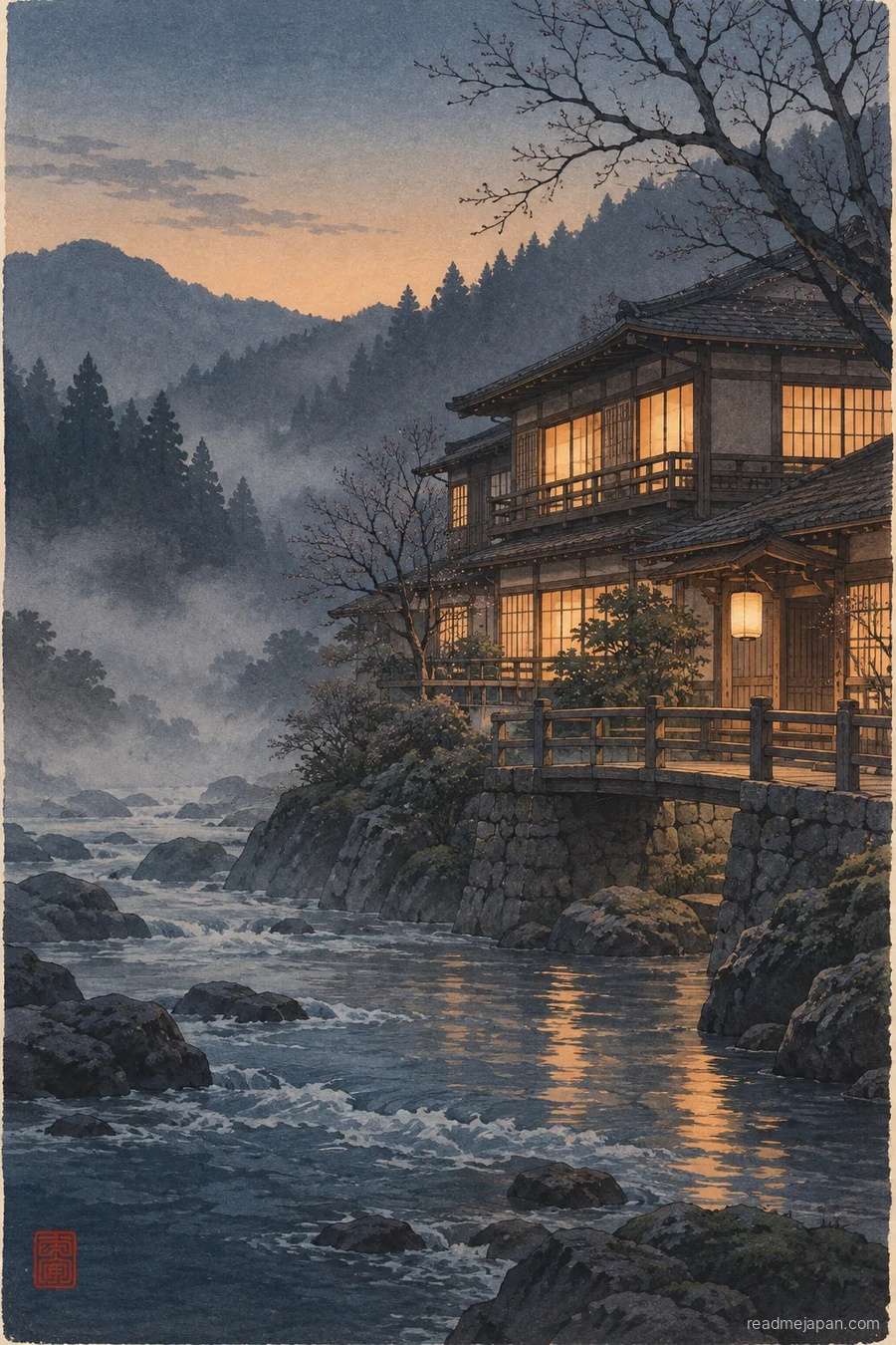 A wooden inn with glowing windows by a misty river at dusk, woodblock print