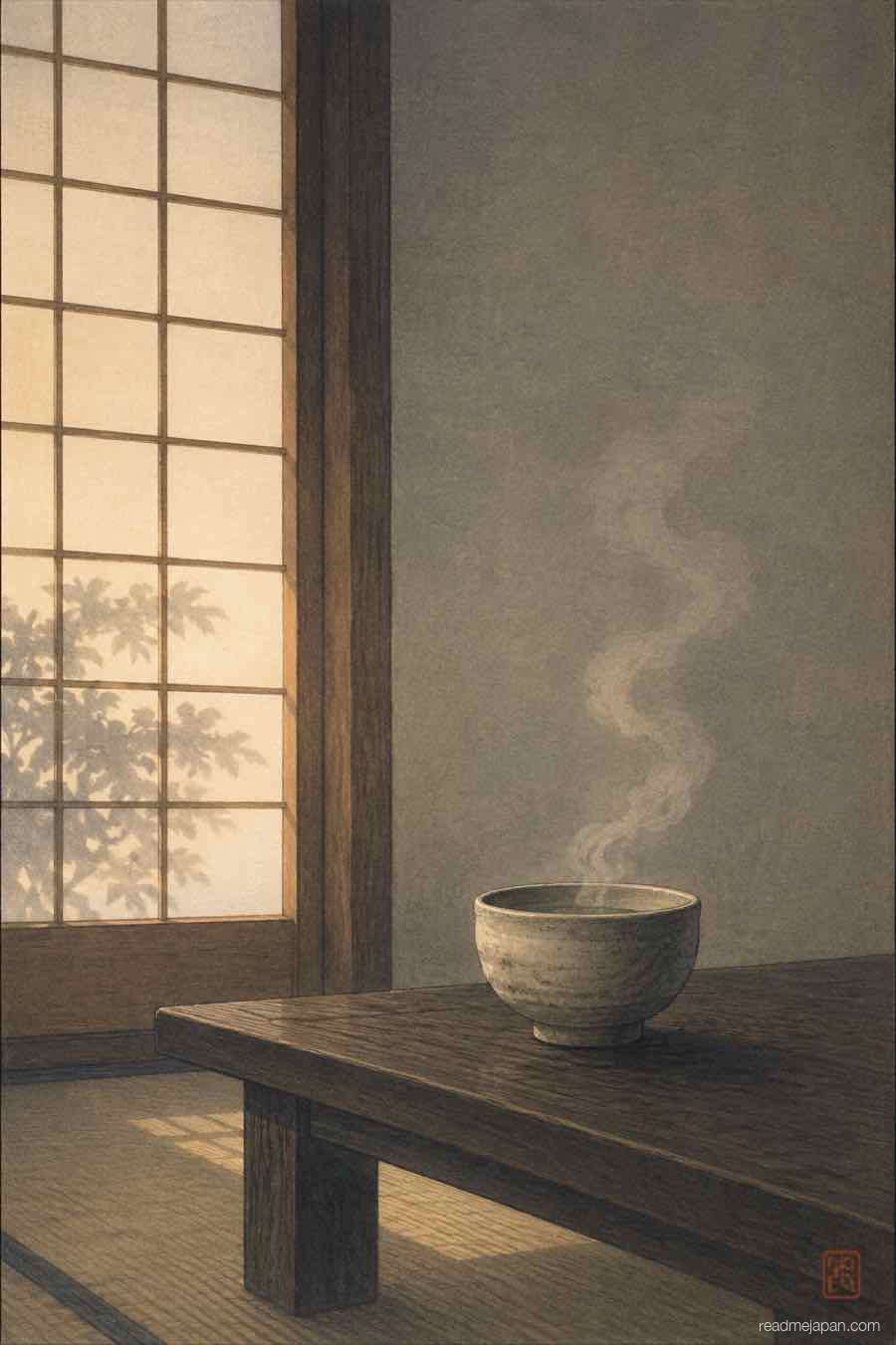 Steam rising from a tea bowl beside a paper screen, woodblock print