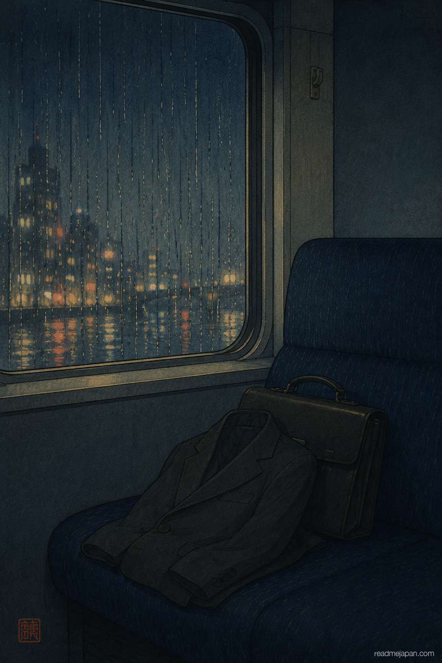 A suit jacket and briefcase on an empty night train seat, woodblock print