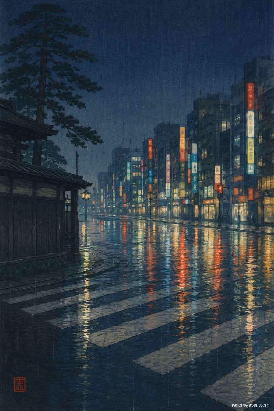 A rain-soaked crossing reflecting city lights at night, woodblock print