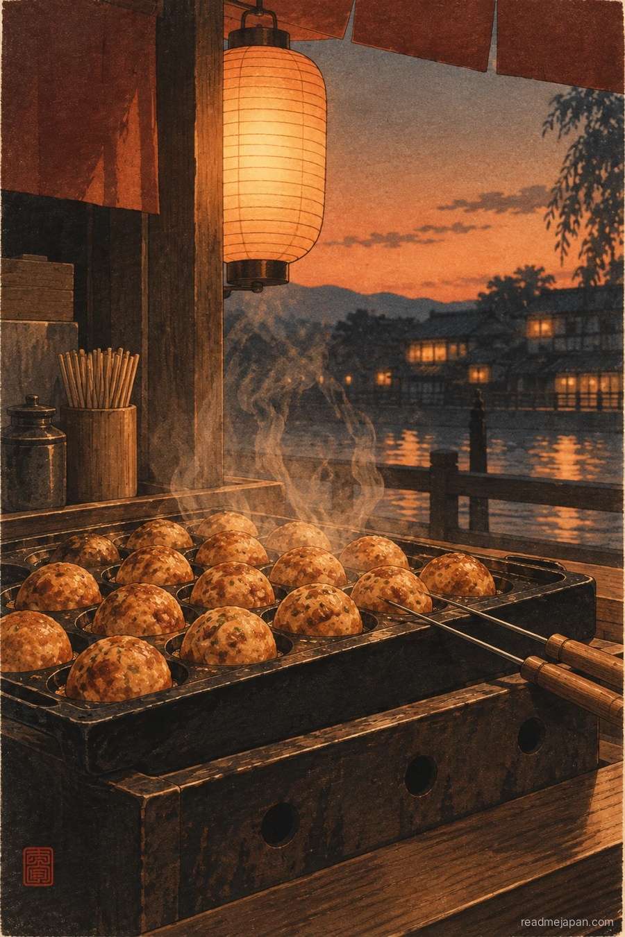 Golden takoyaki in an iron pan at a riverside stall at dusk, woodblock print