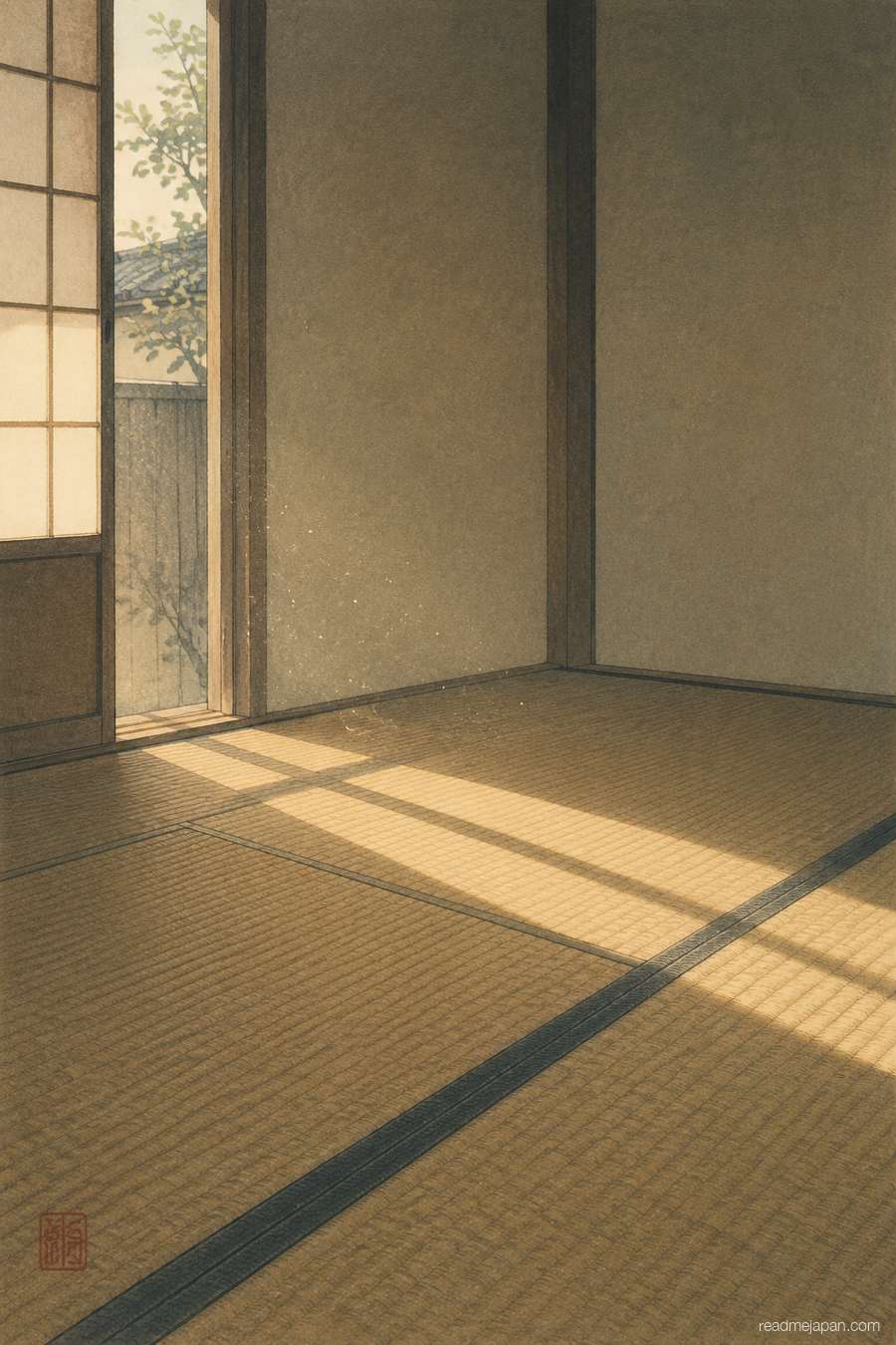 Afternoon light striping a bare tatami floor, woodblock print