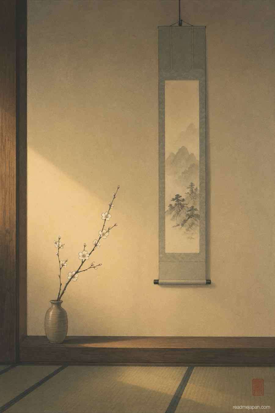A hanging scroll and single flower branch in an alcove, woodblock print