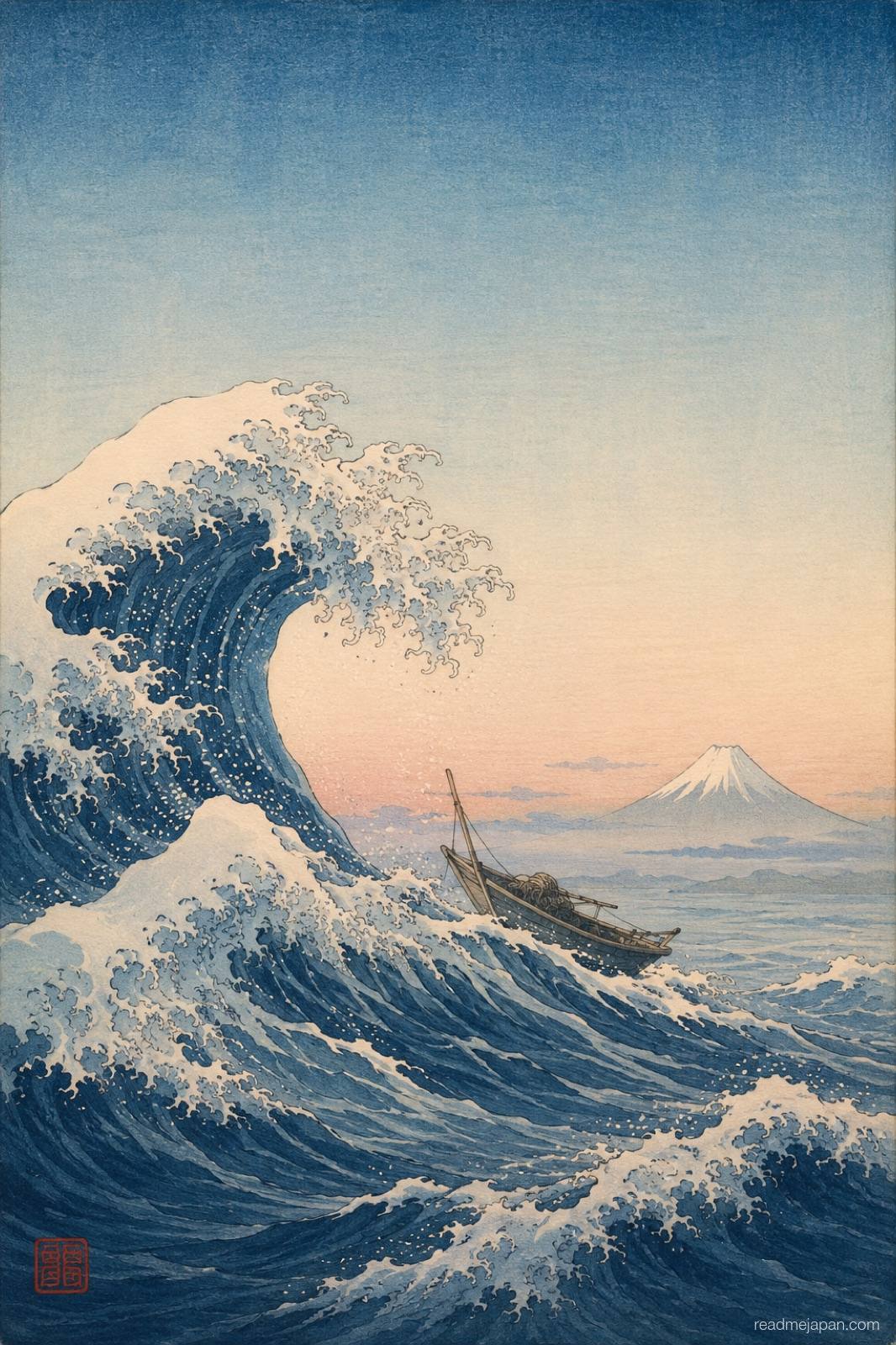 Un bateau de pêche sur une vague déferlante, le mont Fuji au loin, estampe japonaise