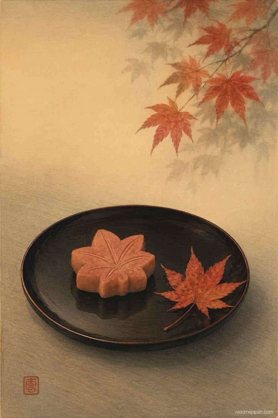 A maple-shaped sweet beside a fallen autumn leaf, woodblock print