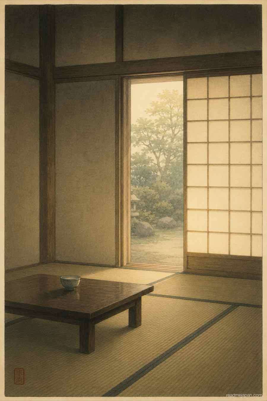 An empty tatami room glowing with garden light, woodblock print