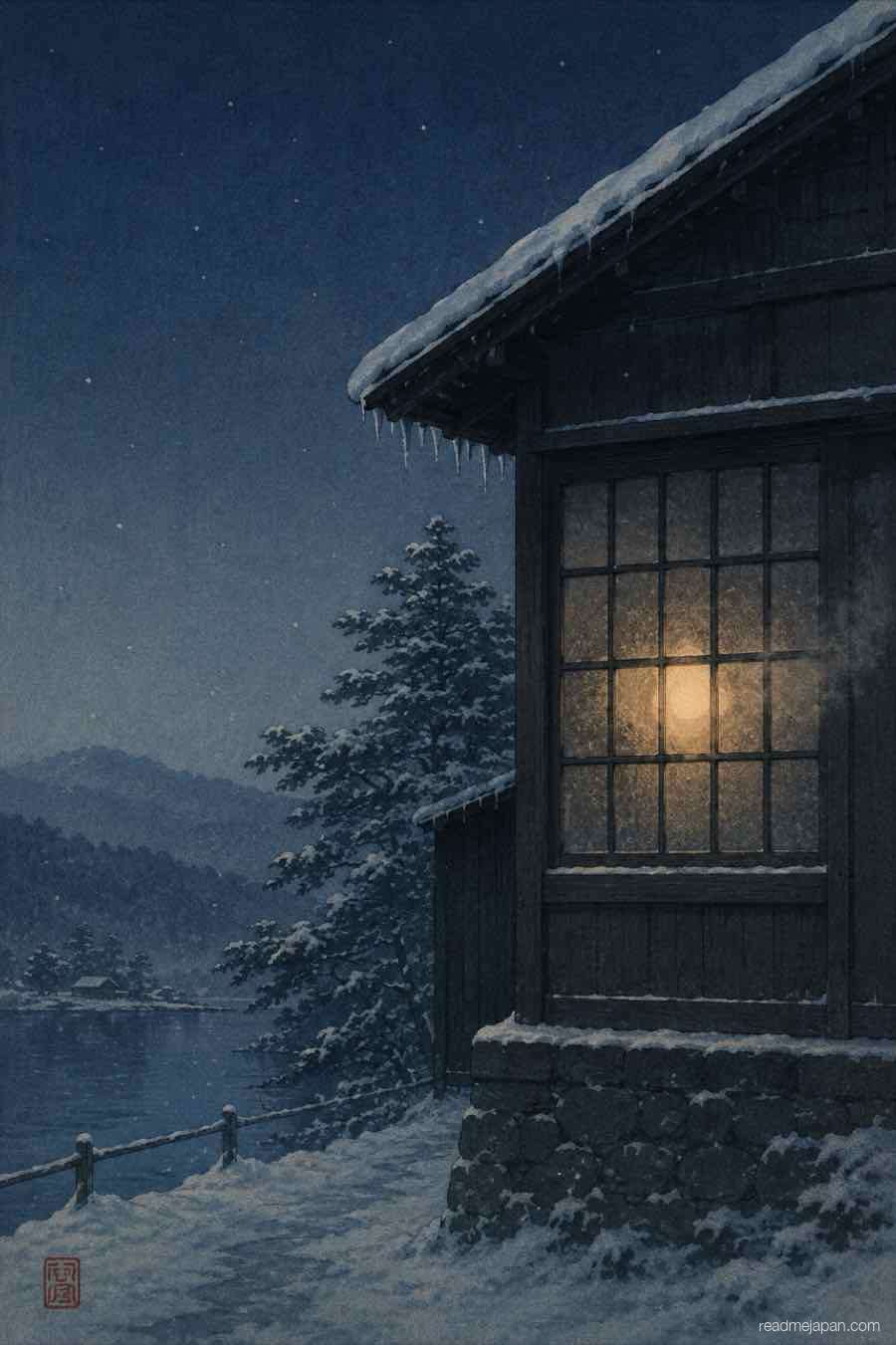 A warm light behind a frosted window on a snowy night, woodblock print