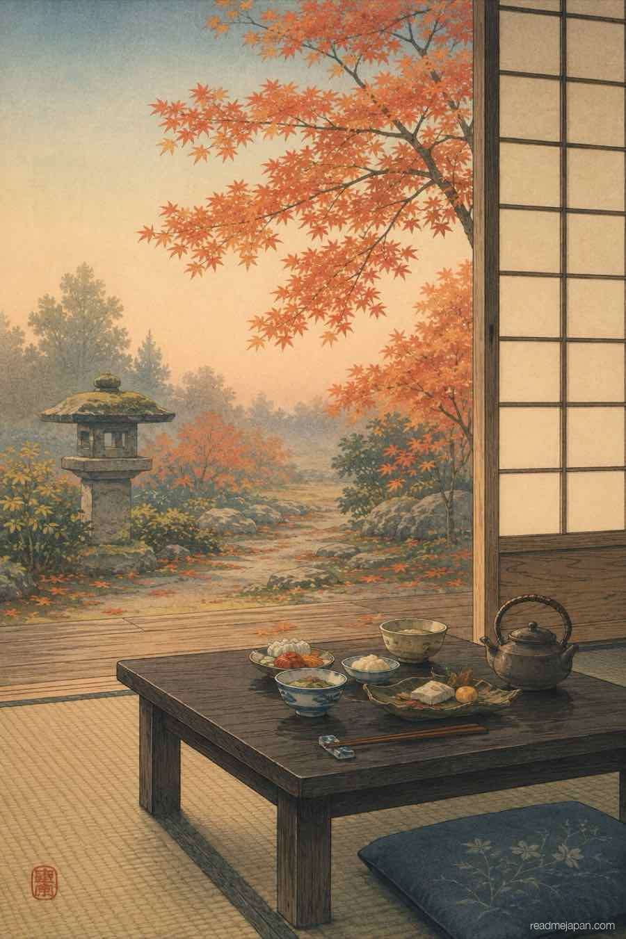 A low table of seasonal dishes beside an open screen onto an autumn garden, woodblock print