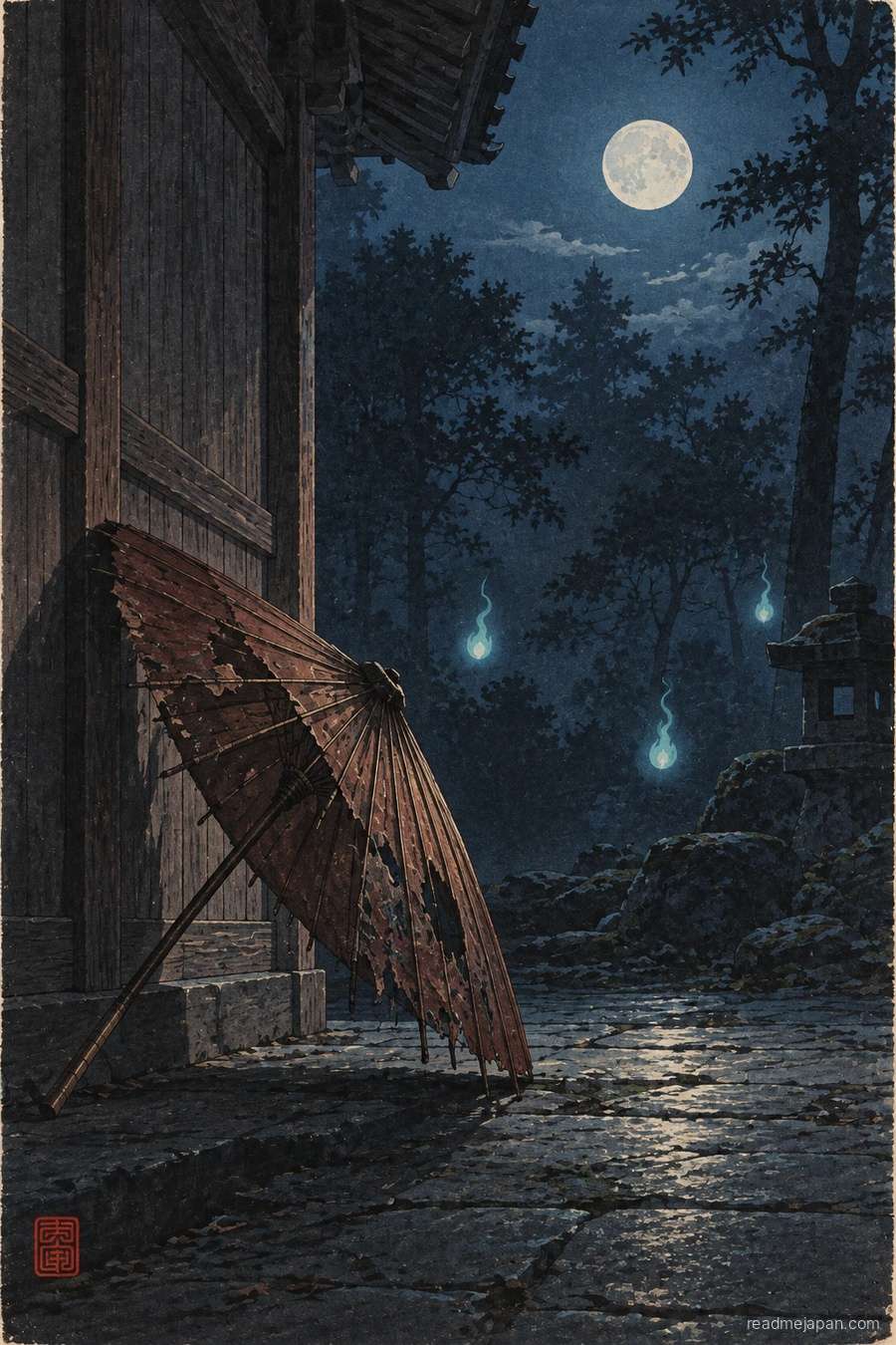 An old paper umbrella against a temple wall, ghost lights in the trees, woodblock print