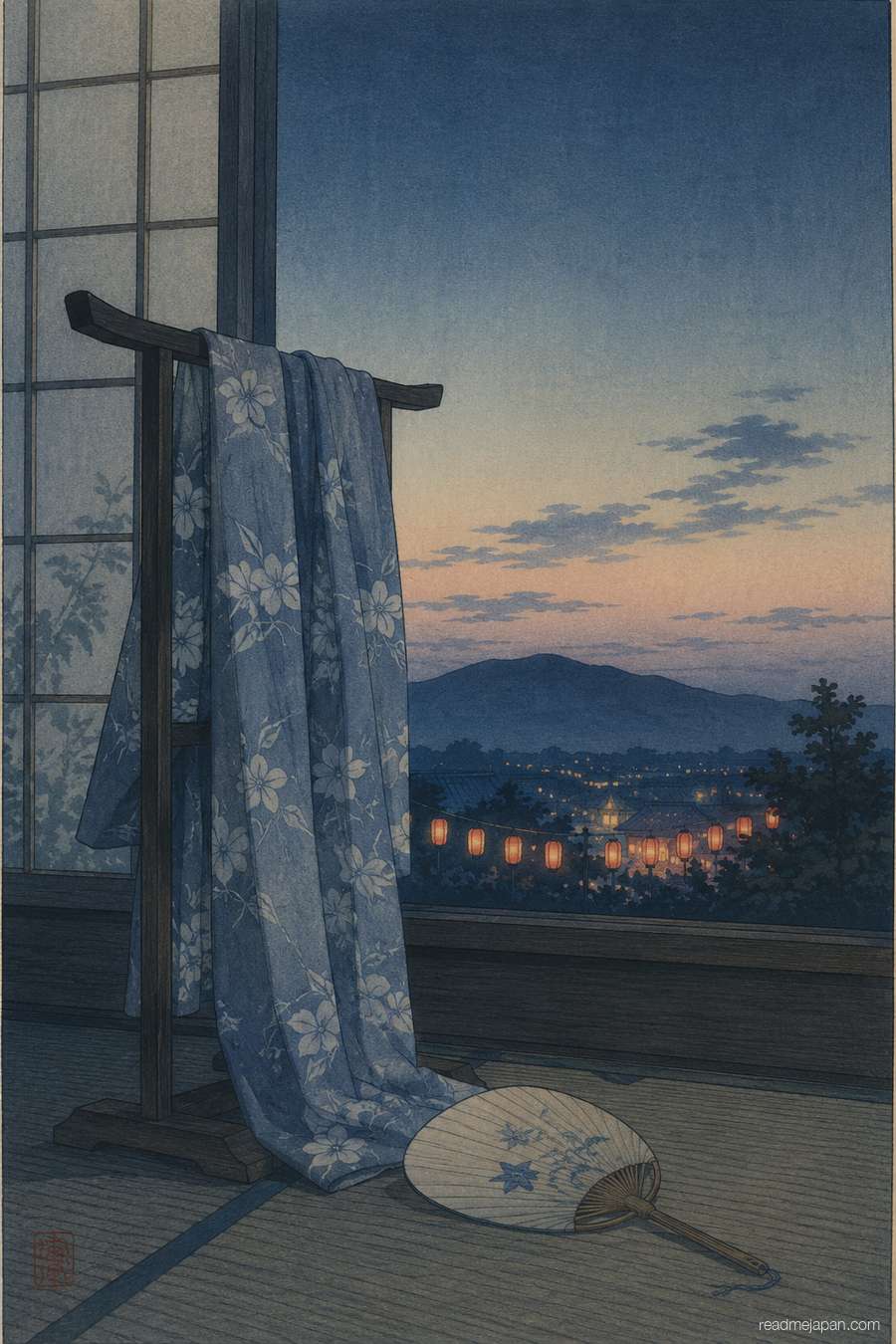 A yukata on a stand with festival lanterns glowing outside, woodblock print