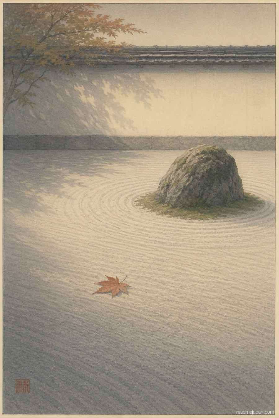 A raked gravel garden with a single mossy rock, woodblock print