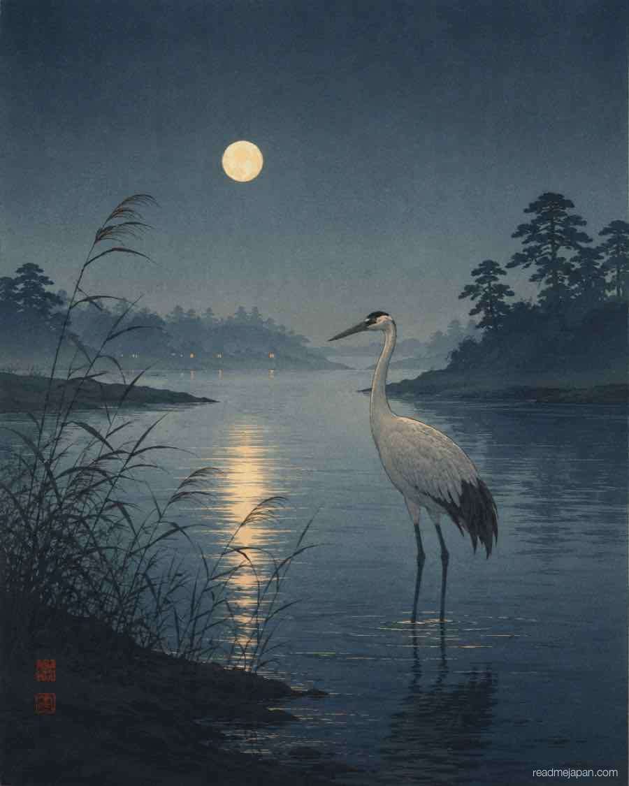 A crane standing in moonlit water, ukiyo-e woodblock print